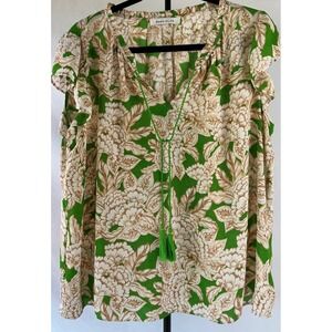 Rose Olive Floral Print Tassel V Neck Blouse Women's XL Green White Brown